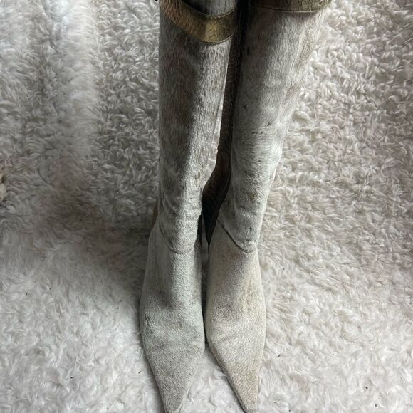 Leather Calf hair beige&gold snake skin pointed toe knee high heels boot… - Picture 2 of 14